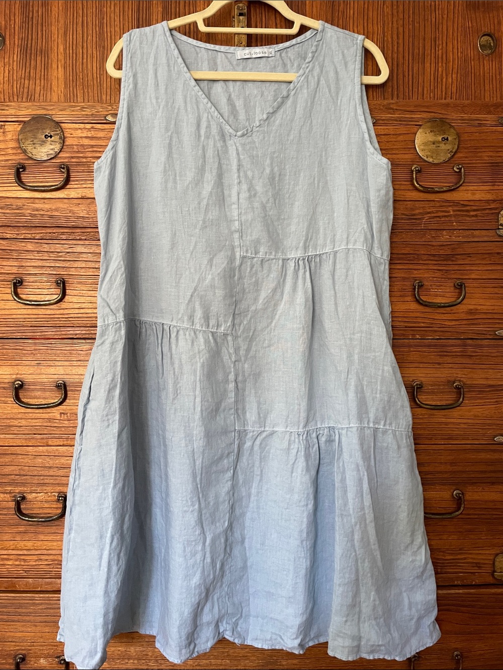 Cut loose powder blue linen summer sleeveless dress w pockets, NWOT